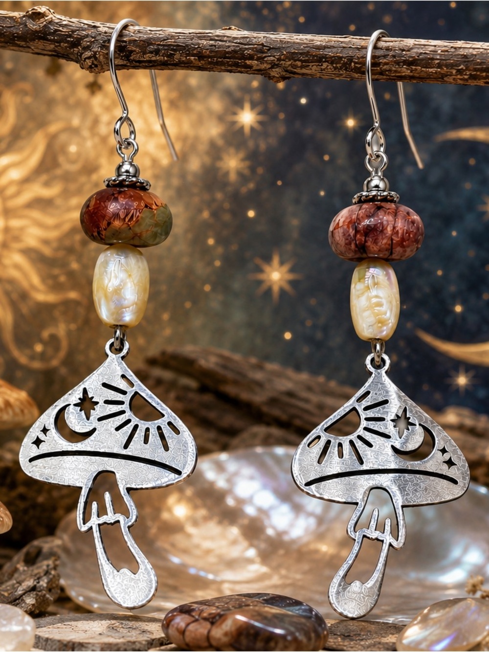 Celestial Mushroom Earrings, Mother of Pearl & Wood Bead, Woodland Boho